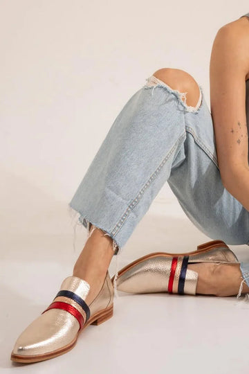 Colorblock Stripe Metallic Sheen Pointed Toe Gold Loafers