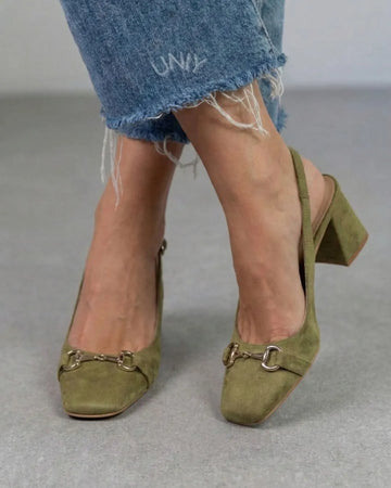 Chic Green Metal Buckle Square Toe Slingback Block Heels