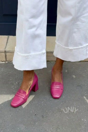 Magenta PU Leather Square Toe Block Heels