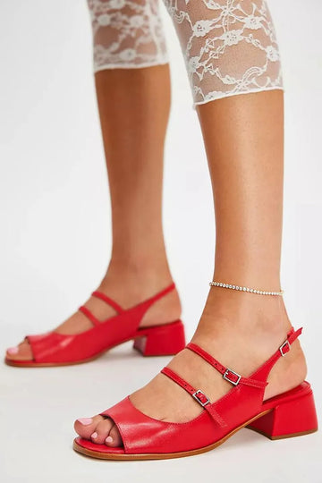 Two Strap Buckle Open Toe Slingback Red Chunky Heels
