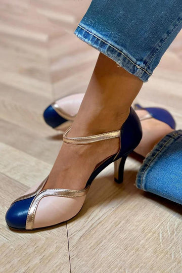 Color Block Closed Round Toe Mid Stiletto Heels