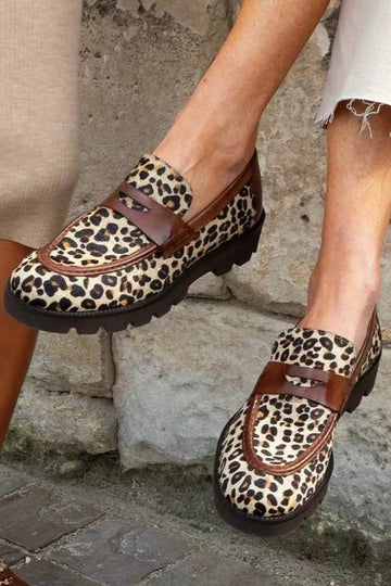 Leopard Print Round Toe Patchwork Beige Loafers