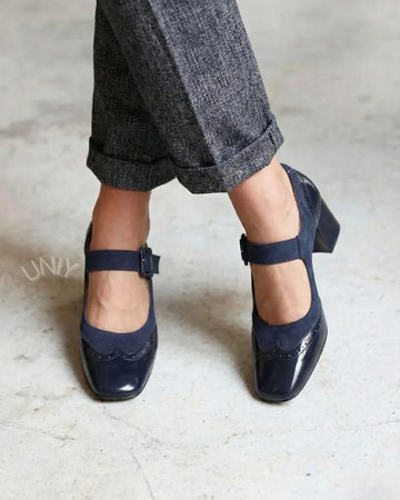 Navy Blue Color Block Square Toe Ankle Strap Block Heels