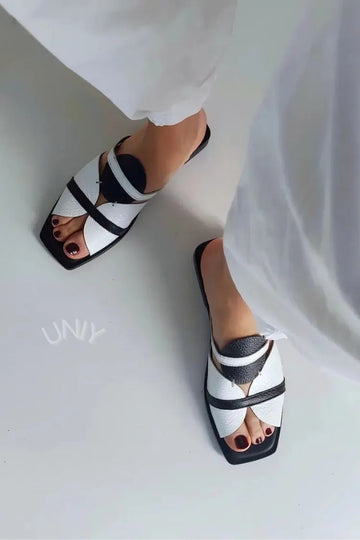 Black White Bicolor Square Toe Cutout Flat Slide Sandals