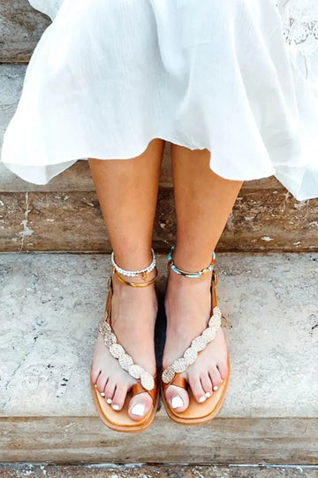 Metal Decor Asymmetric Strap Toe Ring Light Brown Sandals