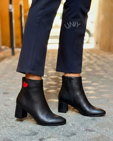 Chic Black Leather Block Heel Red Heart Accent Ankle Boots