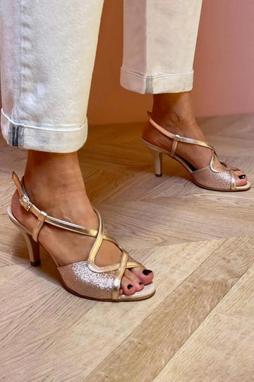 Cross Strap Buckle Glittering Peep Toe Champagne Stiletto Heels