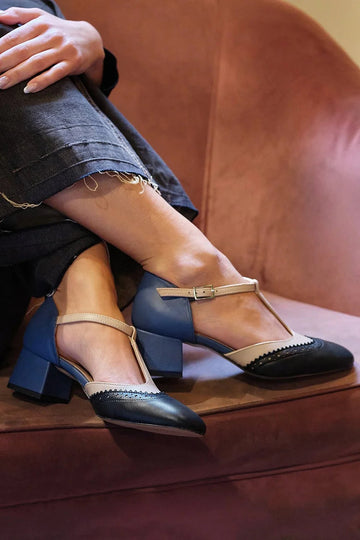 T-Strap Buckle Colorblock Round Toe Black Chunky Heels