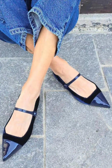 Instep Strap Velvet Patchwork Pointy Toe Navy Flats