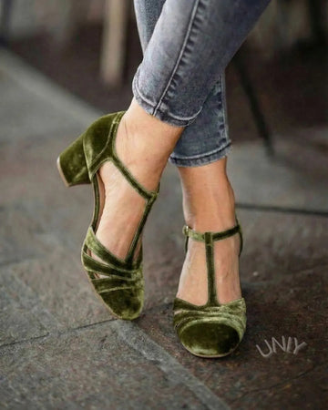 Elegant Olive Green Velvet T-Strap Round Toe Block Heels