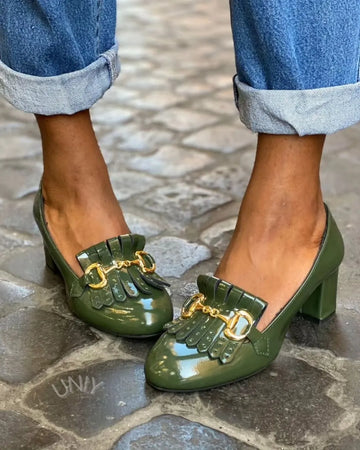 Dark Green Patent Leather Horsebit Kiltie Block Heel Pumps