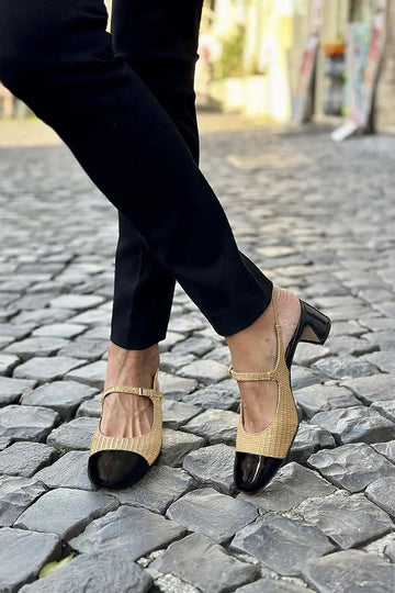 Instep Strap Buckle Slingback Colorblock Khaki Chunky Heels