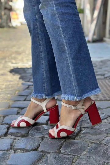 Colorblock Patchwork Open Toe Red Chunky Heels