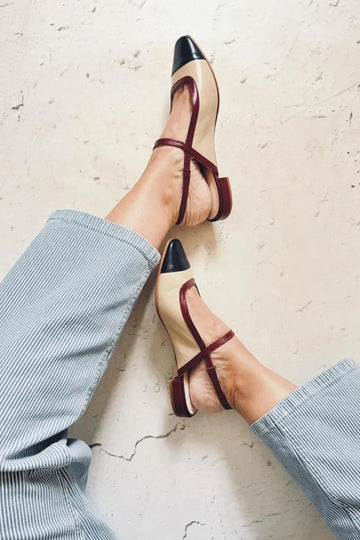 Patchwork Square Toe Contrast Trim Slingback Khaki Flats
