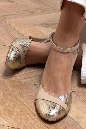 Patchwork Ankle Strap Buckle Gold Stiletto Heels