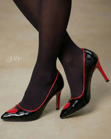 Black Red Contrast Patent Leather Heart Toe Stiletto Pumps