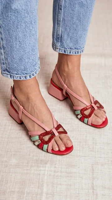 Glitter Bow Open Toe Slingback Pink Block Heels