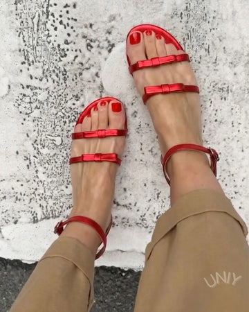 Stylish Metallic Red Triple Strap Bow Ankle Sandals