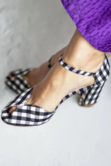 Plaid Peep Toe Ankle Strap Buckle Black Chunky Heels