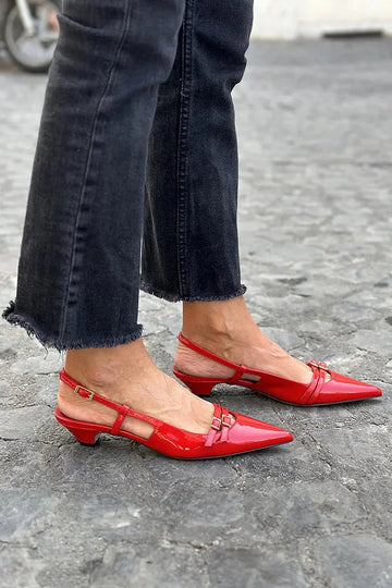 Solid Color Multi Straps Buckles Pointed Toe Red Low Heels