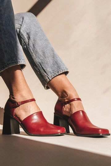 Ankle Strap Buckle Square Toe Red Chunky Heels