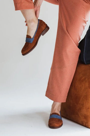 Colorblock Strap Patchwork Round Toe Brown Loafers