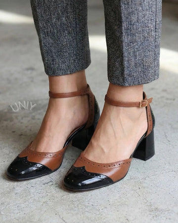Pointed Toe Two-Tone Brogue Ankle Strap Mary Jane Block Heels