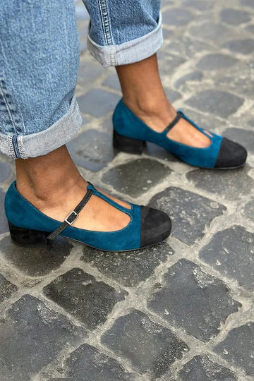 T-Strap Buckle Colorblock Round Toe Navy Chunky Heels