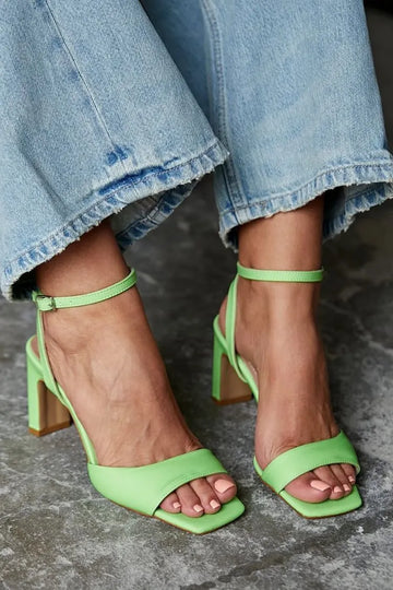 Fluorescent Green Square Toe Slingback Ankle Strap Block Heel Sandals