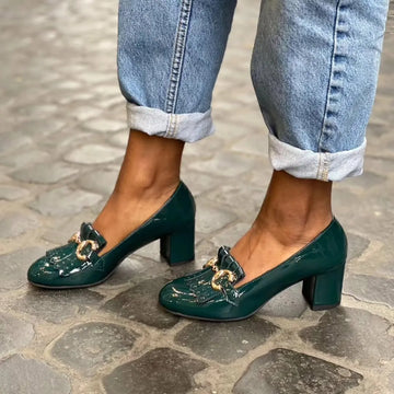 Vintage Dark Green Patent Leather Horsebit Fringe Block Heels