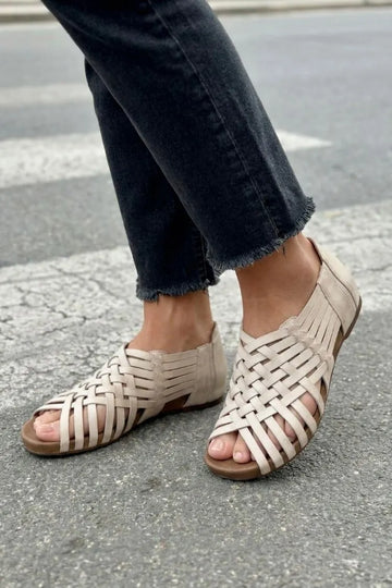 Chic Beige Woven Cut-Out Multi-Strap Flat Sandals
