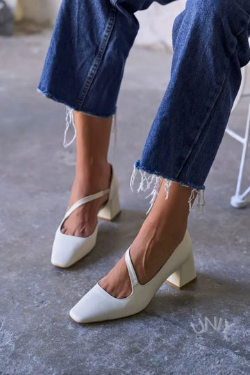 Minimalist Off-White Square Toe Asymmetric Strap Block Heels