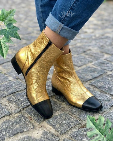 Metallic Gold Black Cap Toe Low Block Heel Boots
