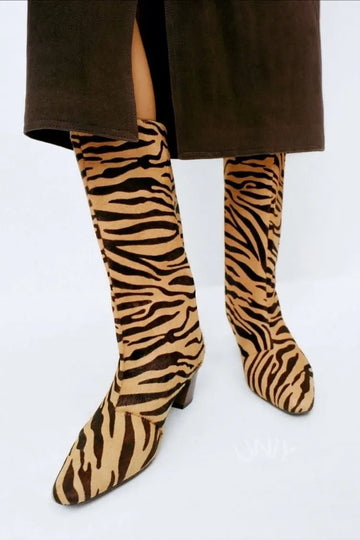 Vintage Tiger Print Pointed Toe Knee High Boots