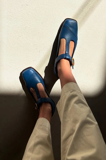 Square Toe Patchwork T-Strap Buckle Navy Flats