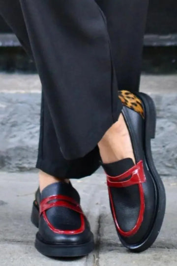 Contrast Color Leopard Print Round Toe Platform Black Loafers
