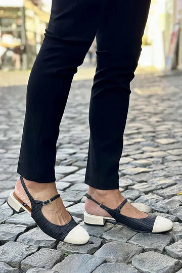 Colorblock Textured Round Toe Slingback Black Low Heels