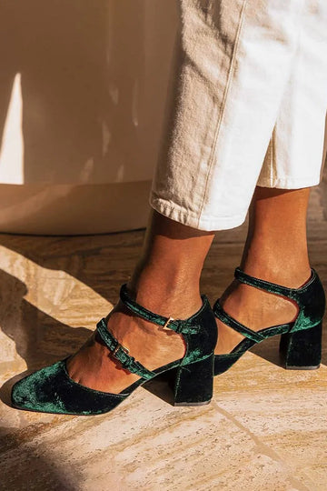 Two Straps Buckles Velvet Dark Green Chunky Heels