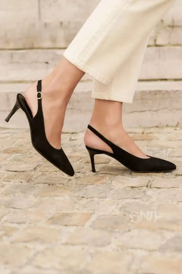 Minimalist Black Suede Pointed Toe Slingback Kitten Heels