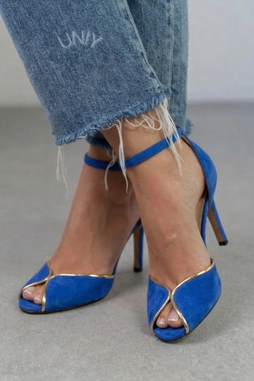 Royal Blue Suede Gold Edged Peep Toe Stiletto Heels
