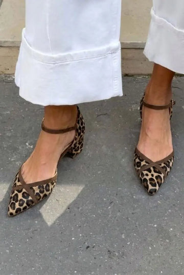 Leopard Print Pointed Toe Ankle Strap Brown Block Heels
