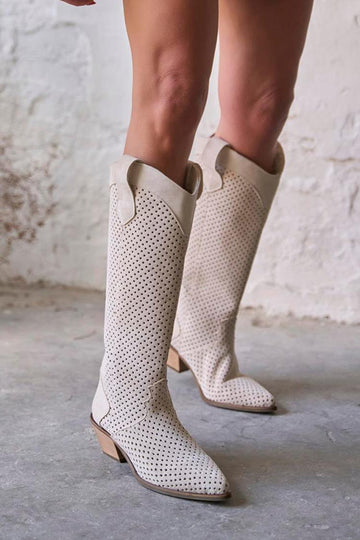 Faux Leather Perforated Pointy Low Heel Cowboy Boots