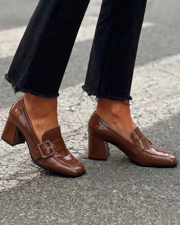 Elegant Brown Patent Square Toe Loafer Block Heels