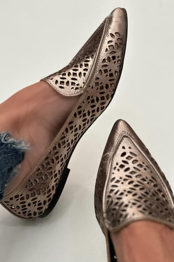 Metallic Laser Cut Pointed Toe Slip-On Loafers