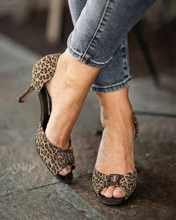 Leopard Print Peep Toe Buckle Kitten Heel Pumps