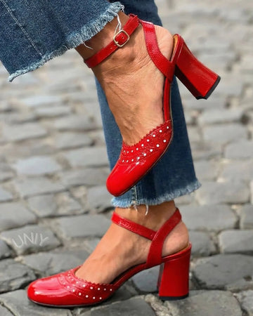 Red Patent Leather Slingback Ankle Strap Chunky Block Heels