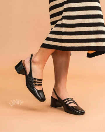 Elegant Triple Buckle Strap Square Toe Slingback Block Heels