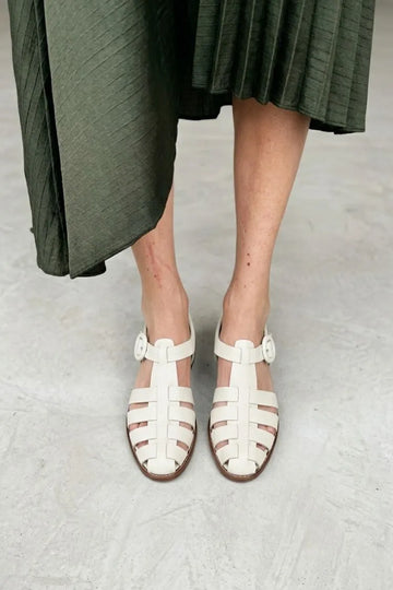 White Pebbled Leather T-Strap Caged Fisherman Sandals