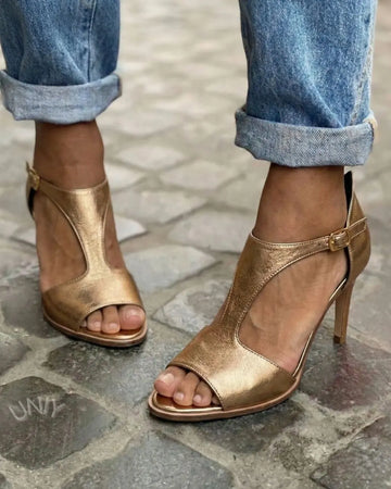 Elegant Gold Peep Toe Ankle Strap Stiletto Heel Sandals