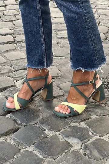Colorblock Square Toe Cross Strap Buckle Dark Green Chunky Heels